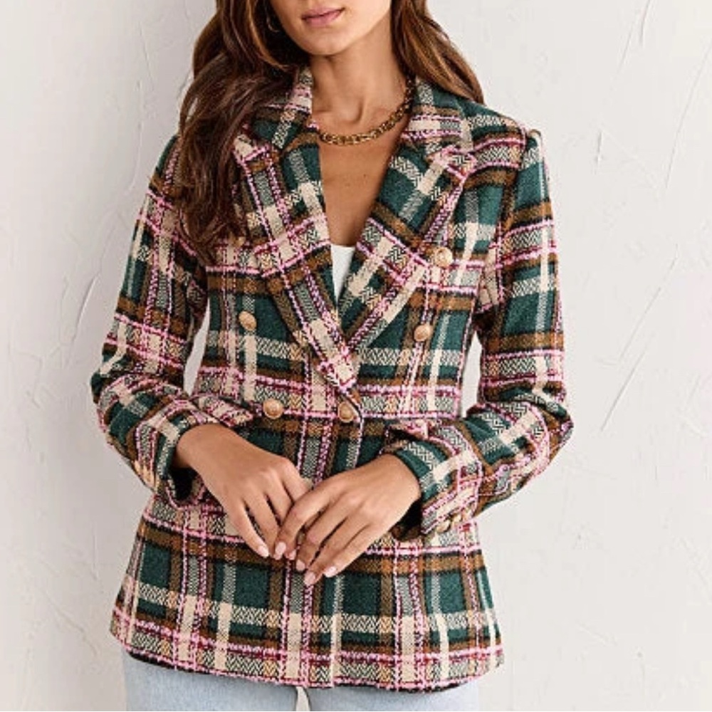 Fate Tweed Textured Plaid Double Breasted Blazer Jacket Size M